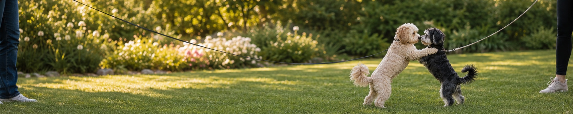 Two dogs greeting each other nose-to-nose in a garden