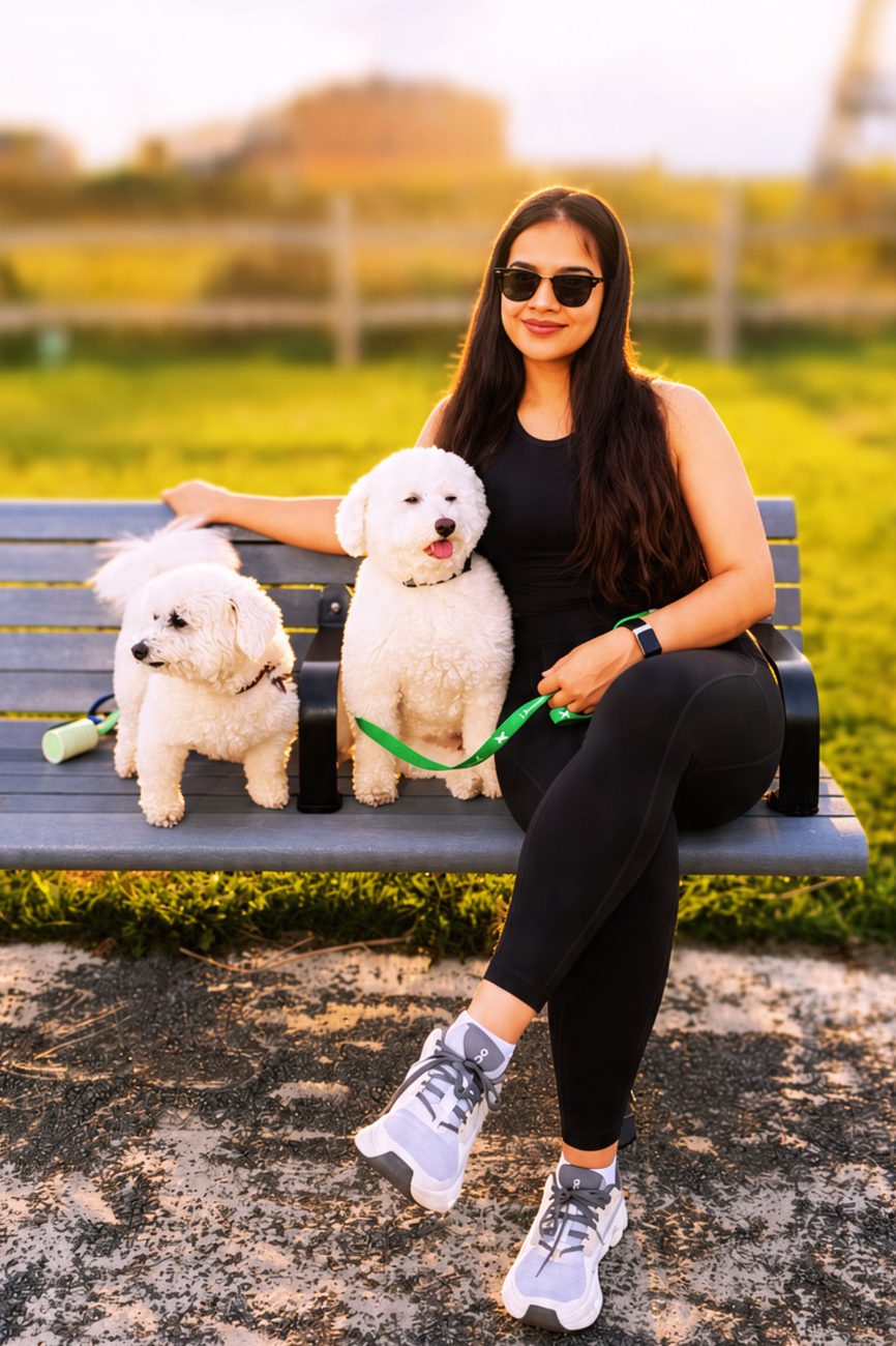 Kirat Bajwa sitting on a park bench with her two white dogs